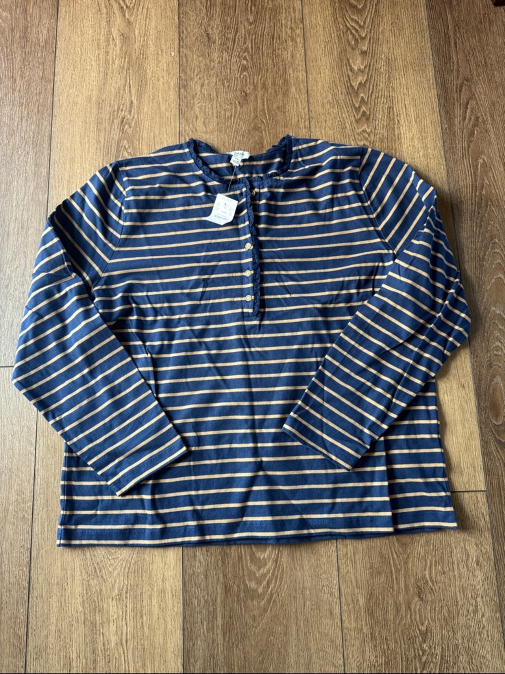 NWT J. Crew Navy and Tan Striped Button Front Top